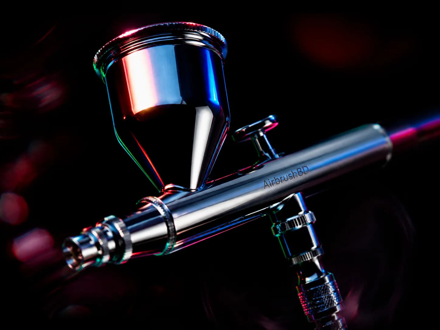 AI-generated conceptual airbrush studio object in a close three-quarter view; not a real or announced product.