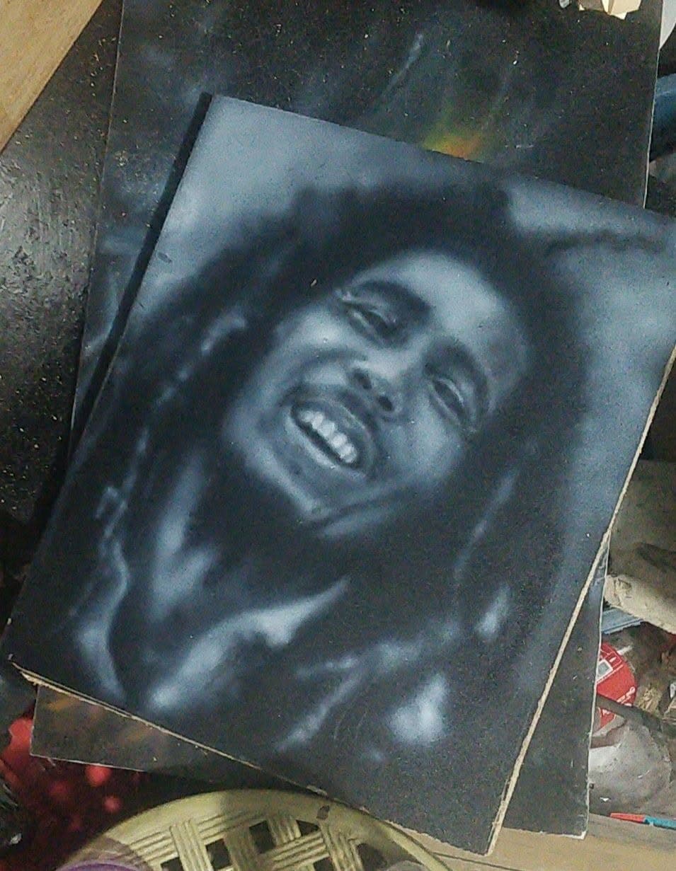 Finished freehand airbrush painting of Bob Marley.